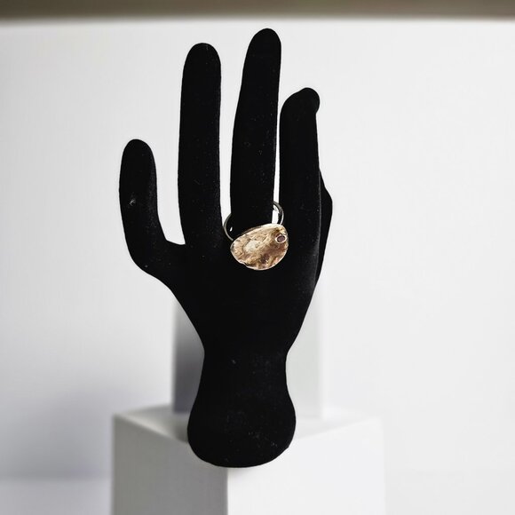 925 Sterling Silver Ring Cupped Disc w/ Garnet, 18K Gold Plated & Rhodium Finish - Picture 10 of 16